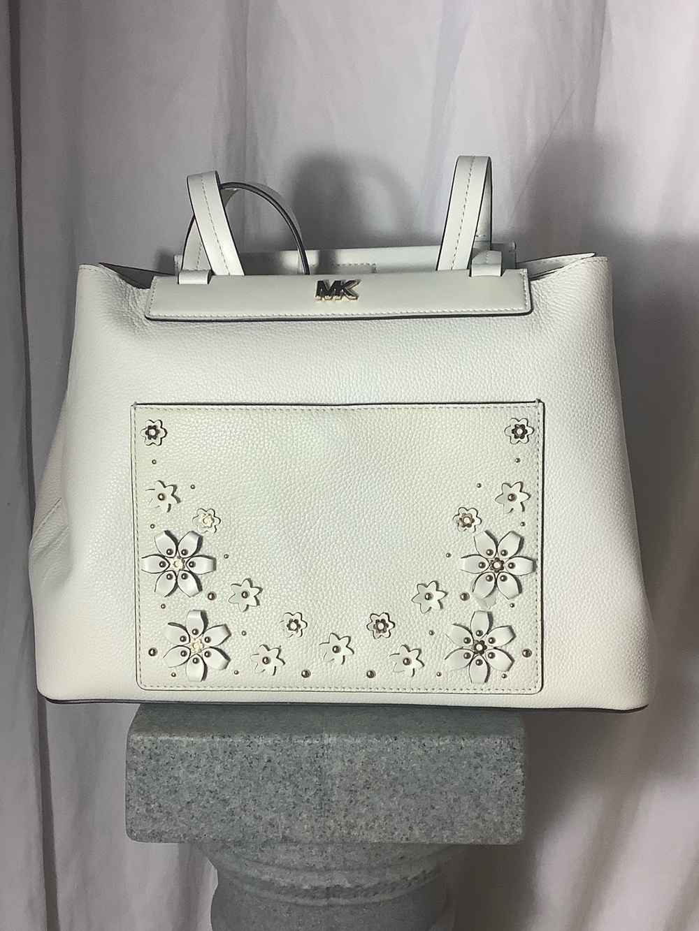 Michael Kors White Floral Cutout Leather Tote with Gold Logo